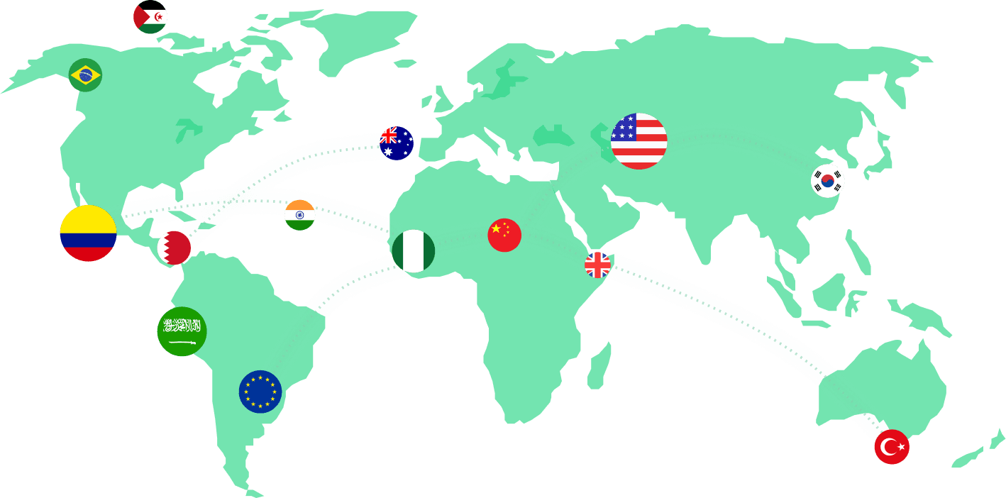A green world map showing flags of various countries connected by dotted lines, representing a global trade network.